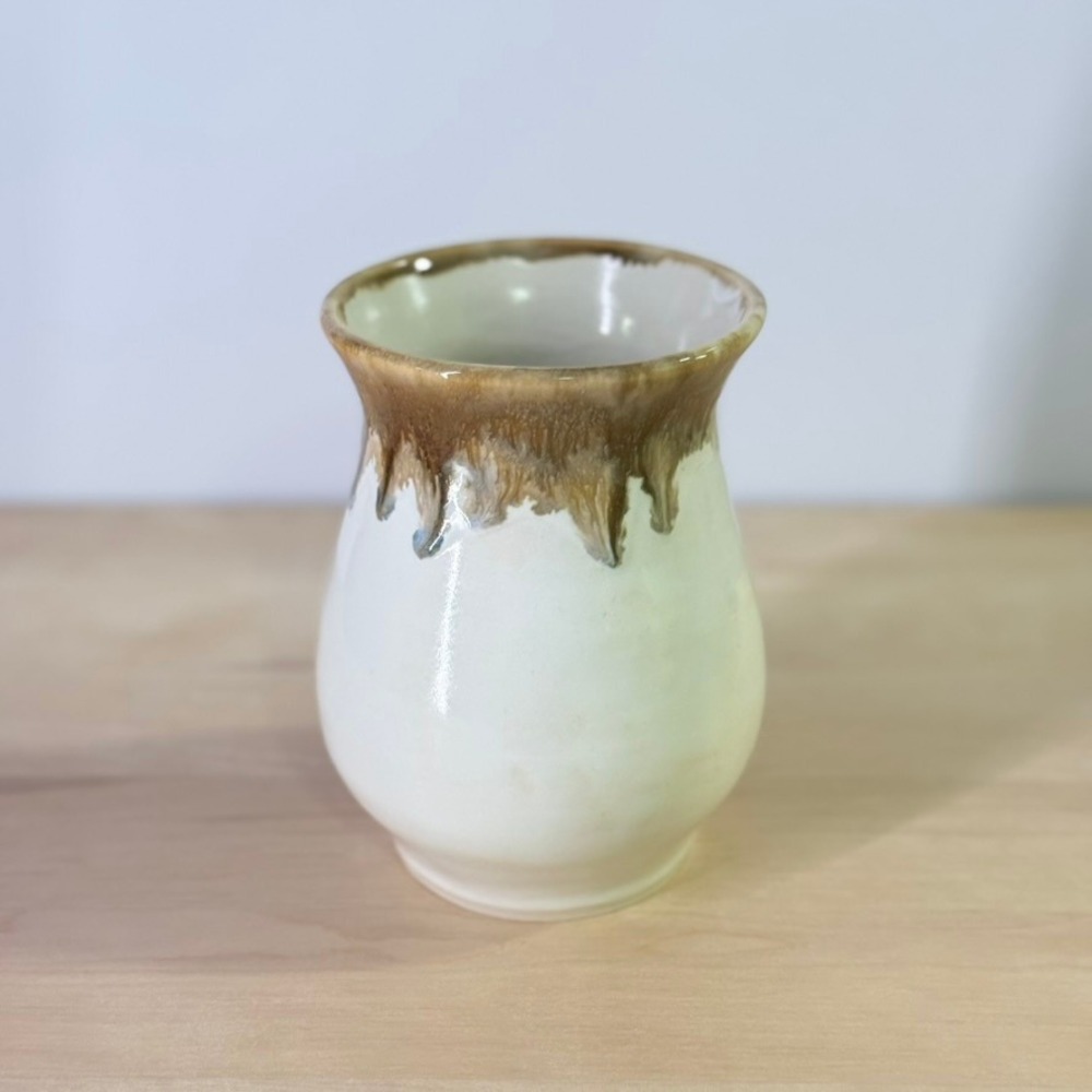 Studio Pottery Vase Signed Farquhar Vintage Cream Brown Drip Glaze Stoneware
